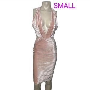 🆕Pink Velvet & Silver Metallic Stripe Low Cut Open Sides & Back Dress~Size S